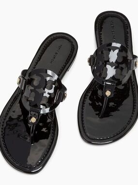 Tory Burch Black Patent Logo Thong Sandals